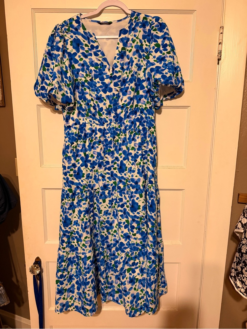 Blue Floral V-Neck Midi Dress